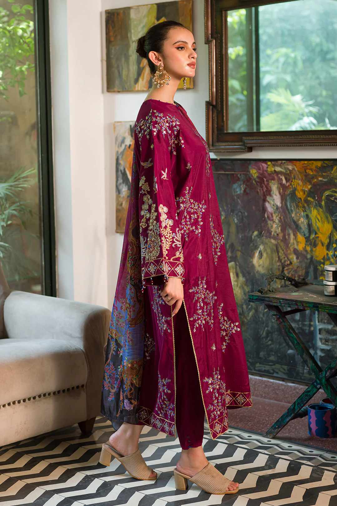 3 Piece - Dyed Embroidered Shamoz Silk Suit L0782 - Image 3