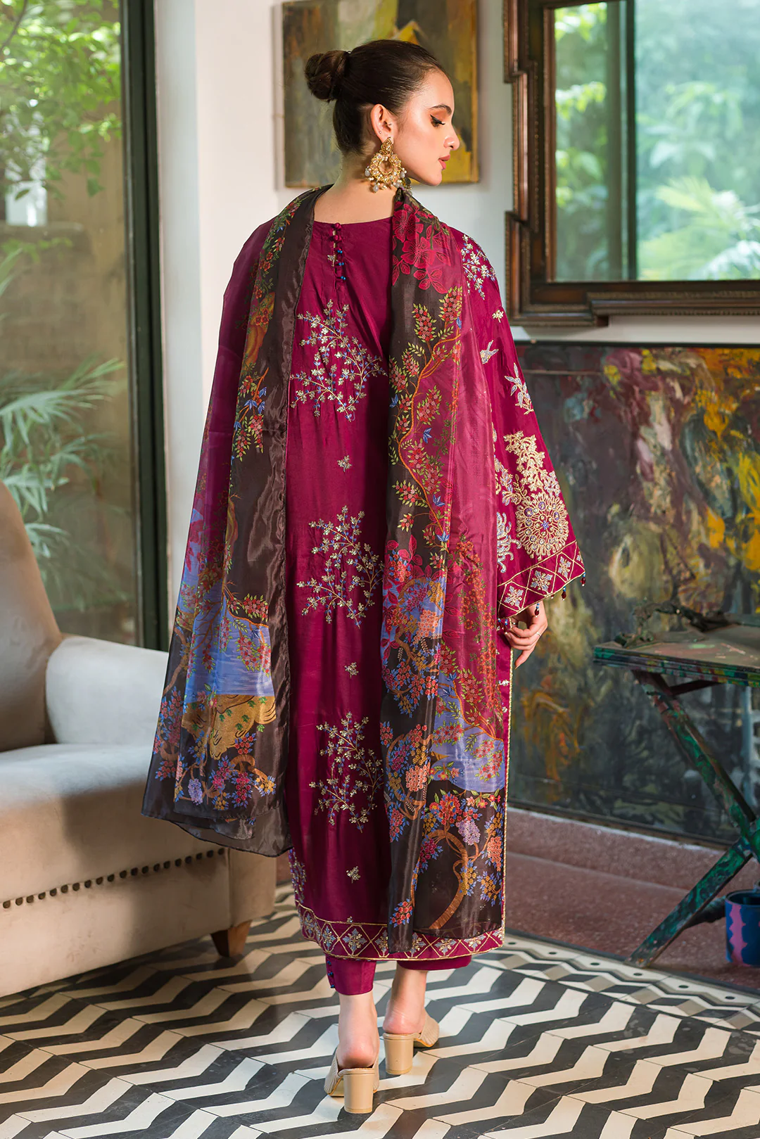 3 Piece - Dyed Embroidered Shamoz Silk Suit L0782 - Image 4