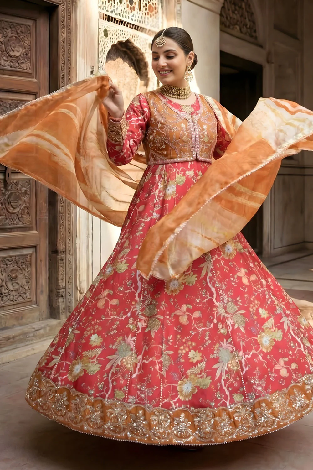 2 Piece - Embroidered Printed Shamoz Silk Suit LFP1151 - Image 11