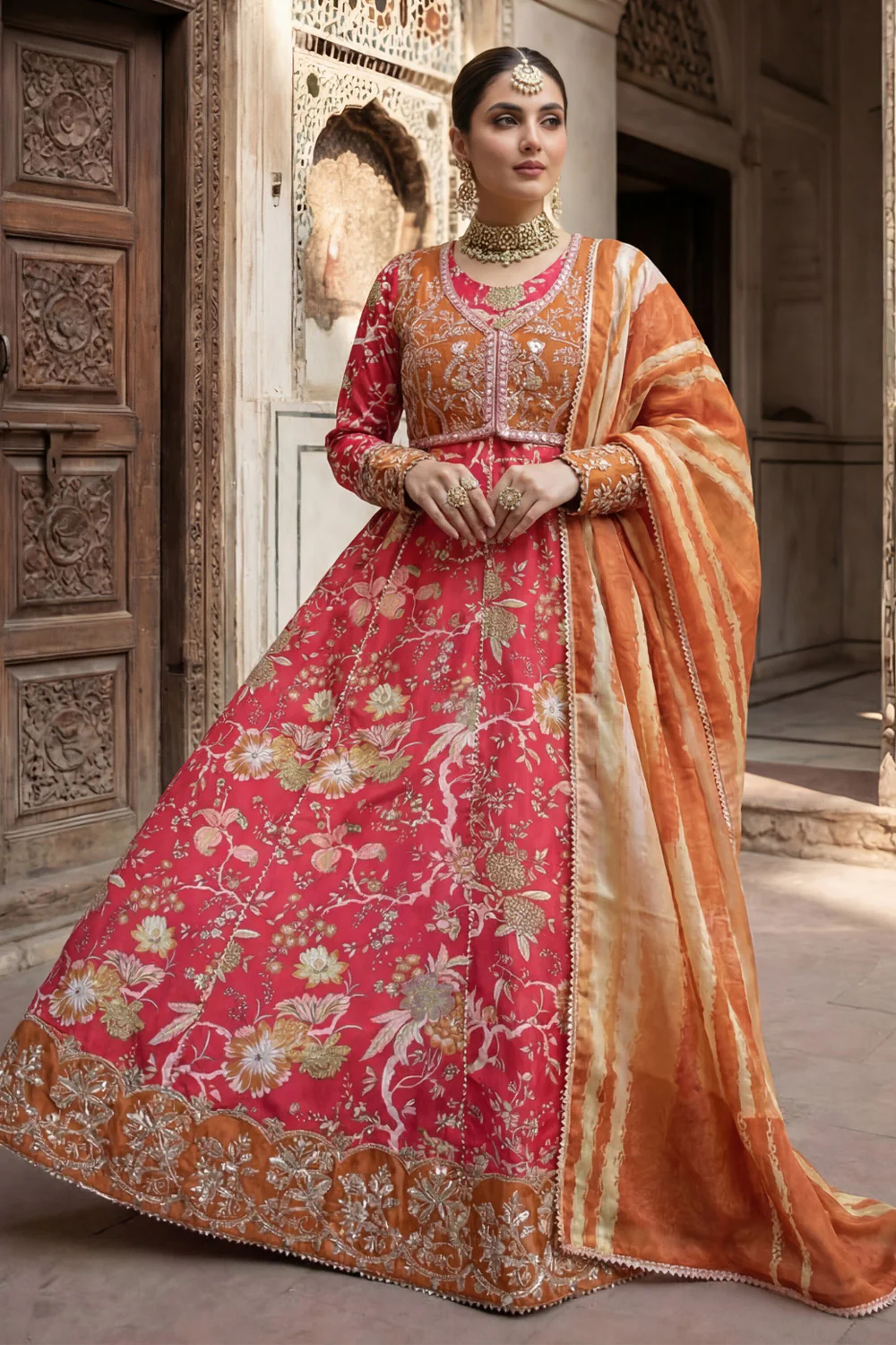 2 Piece - Embroidered Printed Shamoz Silk Suit LFP1151 - Image 14