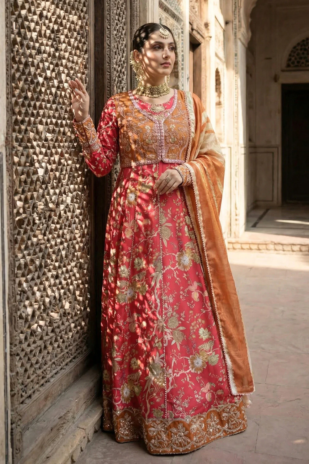 2 Piece - Embroidered Printed Shamoz Silk Suit LFP1151 - Image 4
