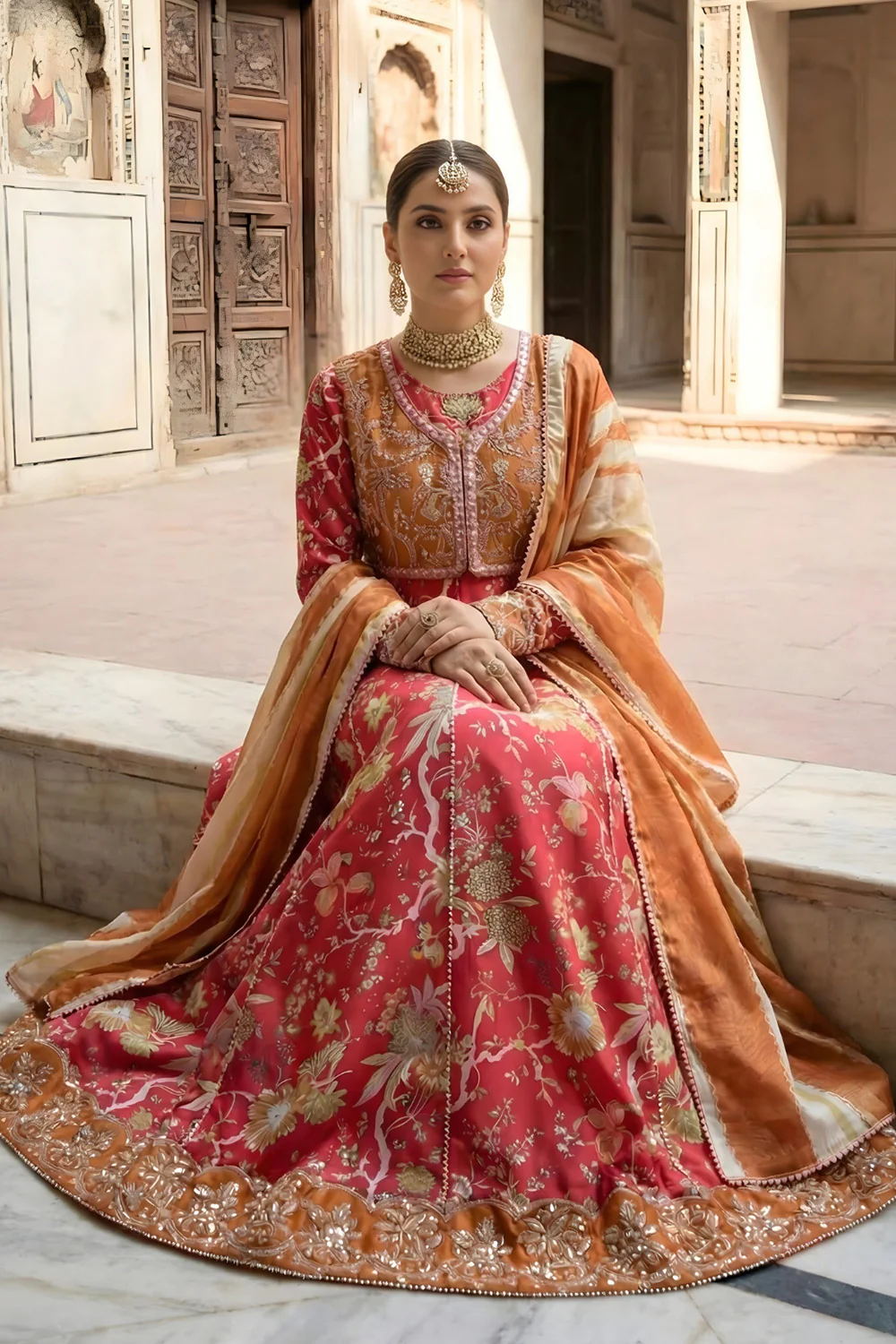 2 Piece - Embroidered Printed Shamoz Silk Suit LFP1151 - Image 8