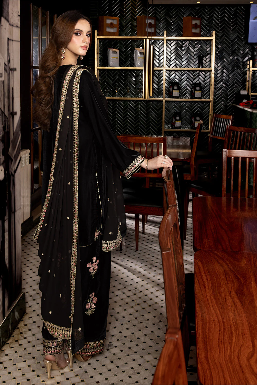 3 Piece - Embroidered Premium Velvet Suit V001019 - Image 4