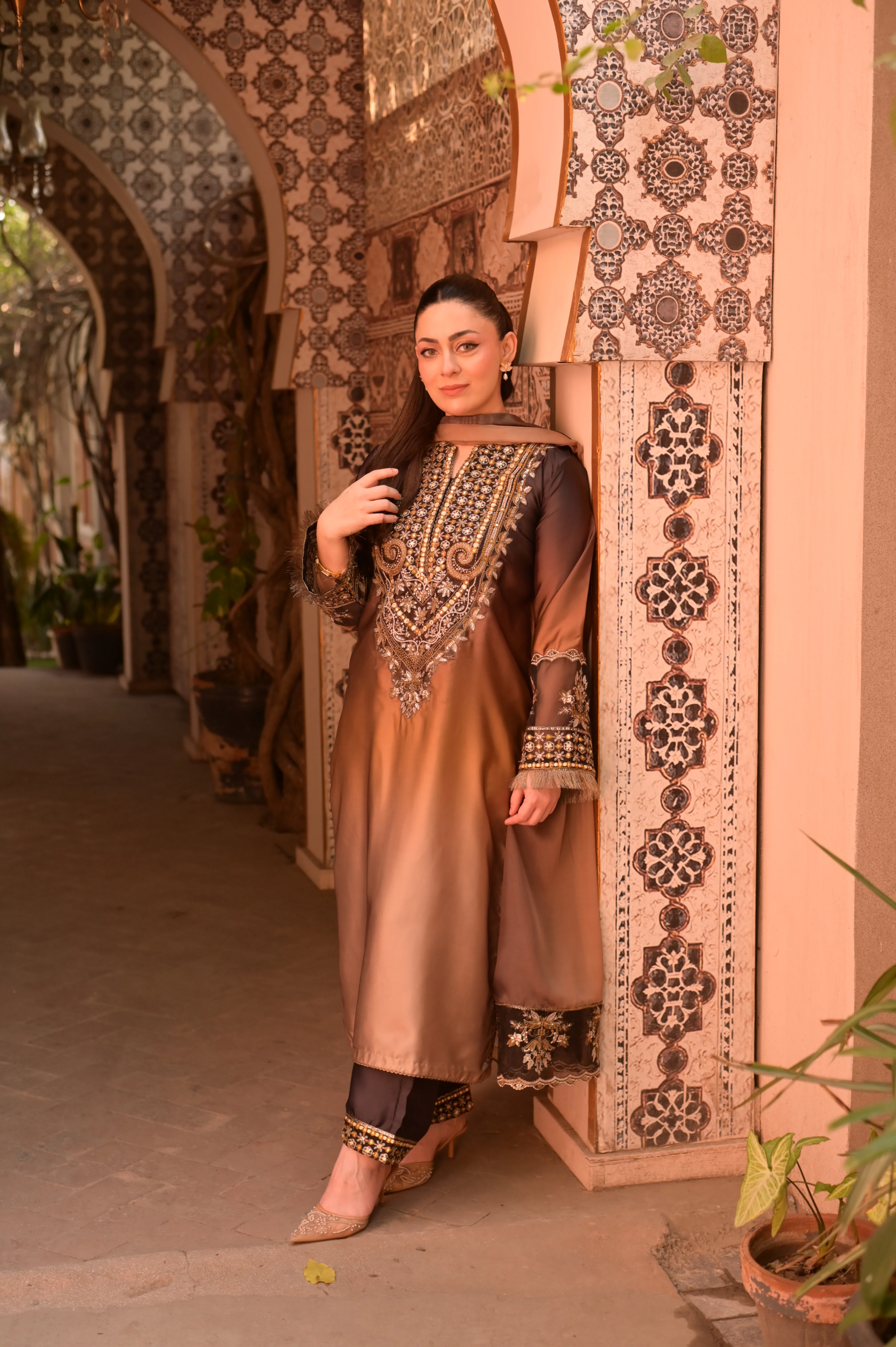 3 Piece - Embroidered Shamoz Silk Suit LFP1154 - Image 6