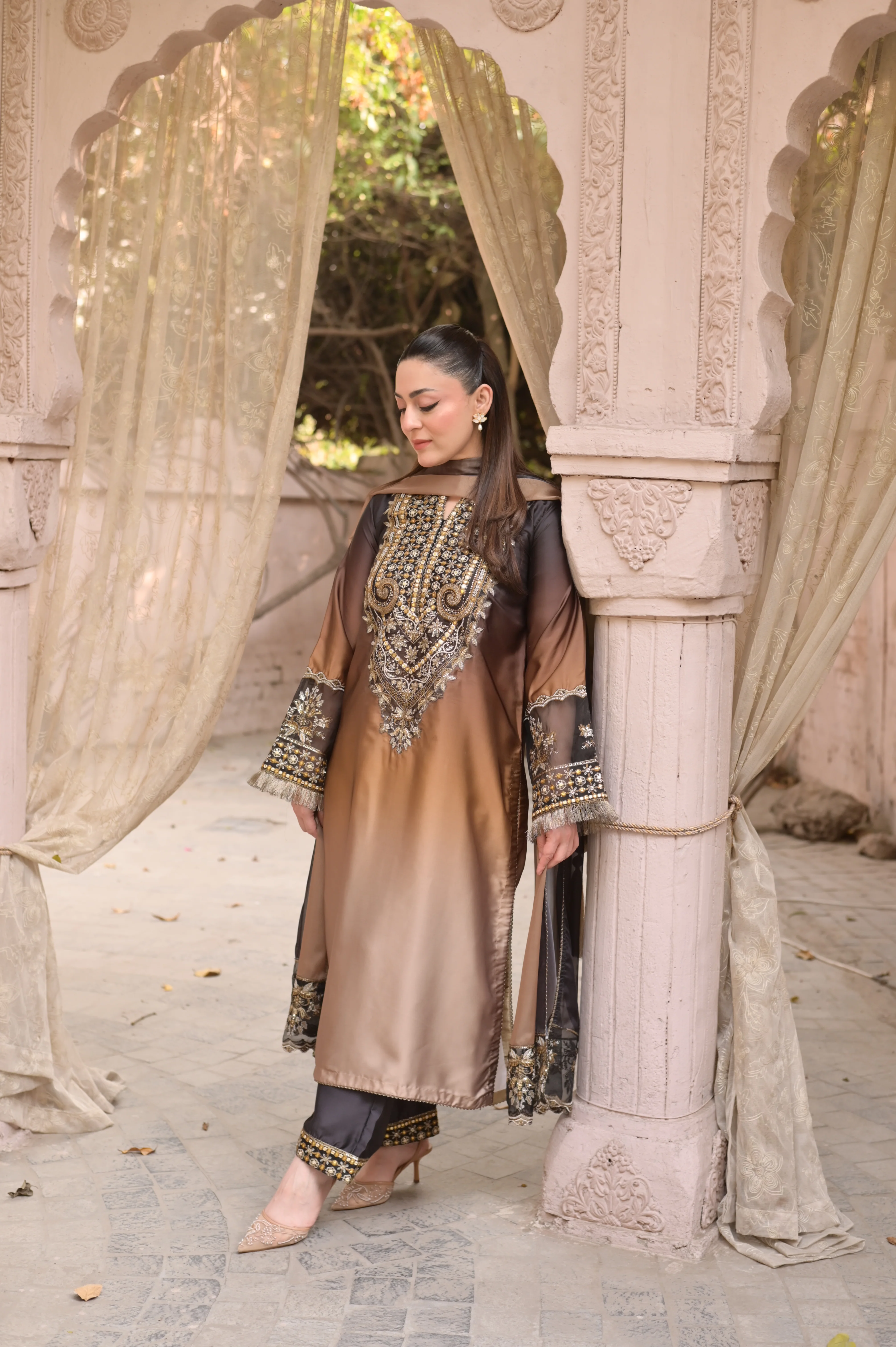 3 Piece - Embroidered Shamoz Silk Suit LFP1154 - Image 7