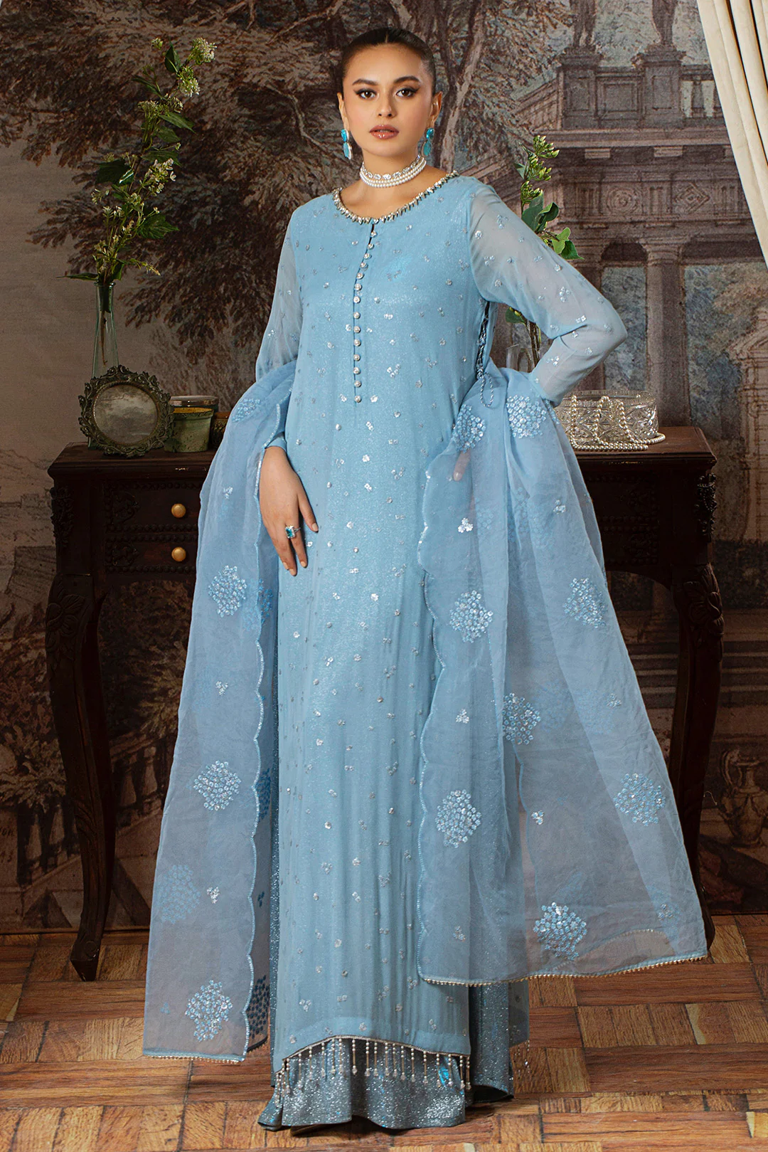 3 Piece - Embroidered Stretchy Woven Shimmer Shimmer Suit L0946 - Image 3
