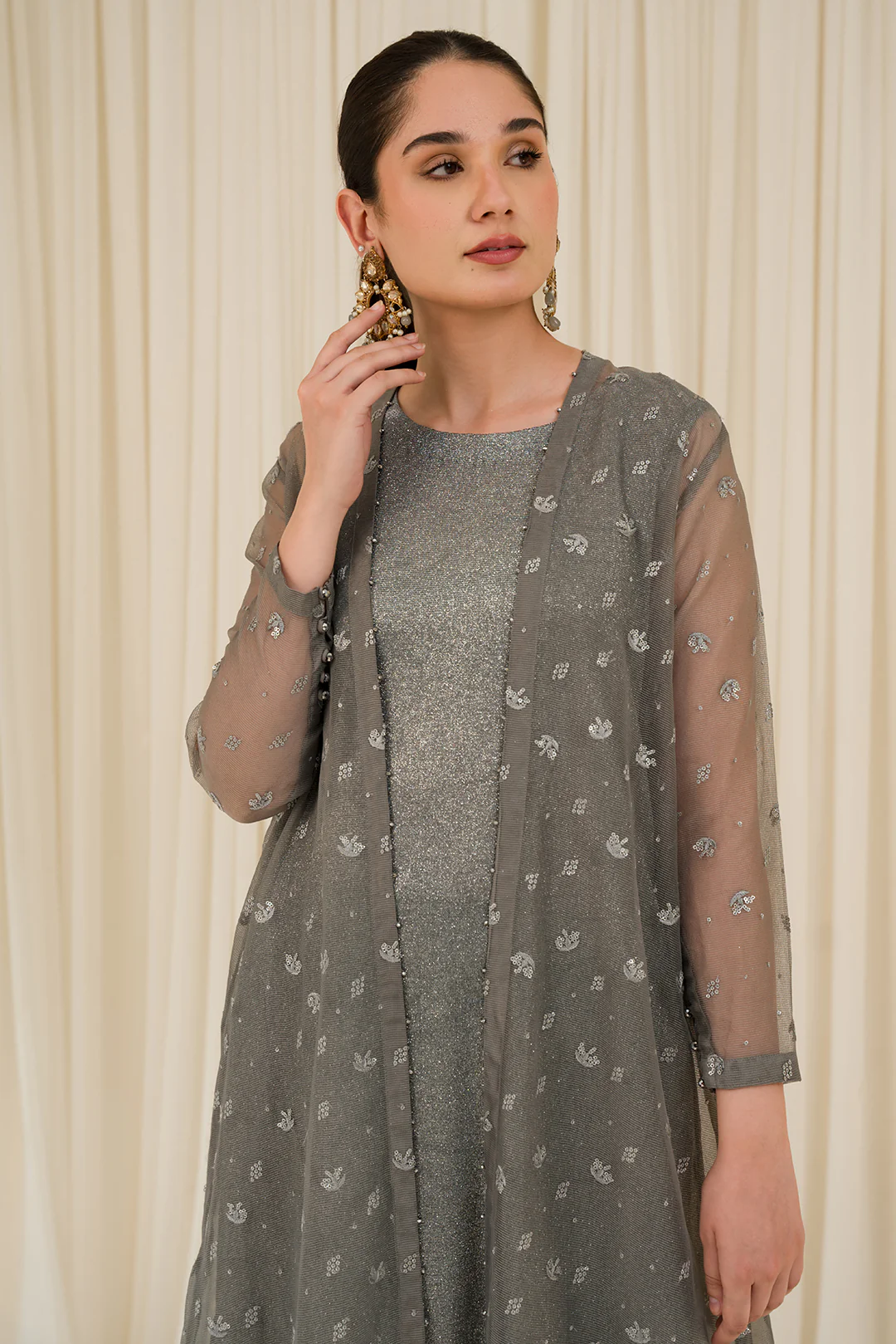 3 Piece - Embroidered Stretchy Woven Shimmer Suit L0961 - Image 3