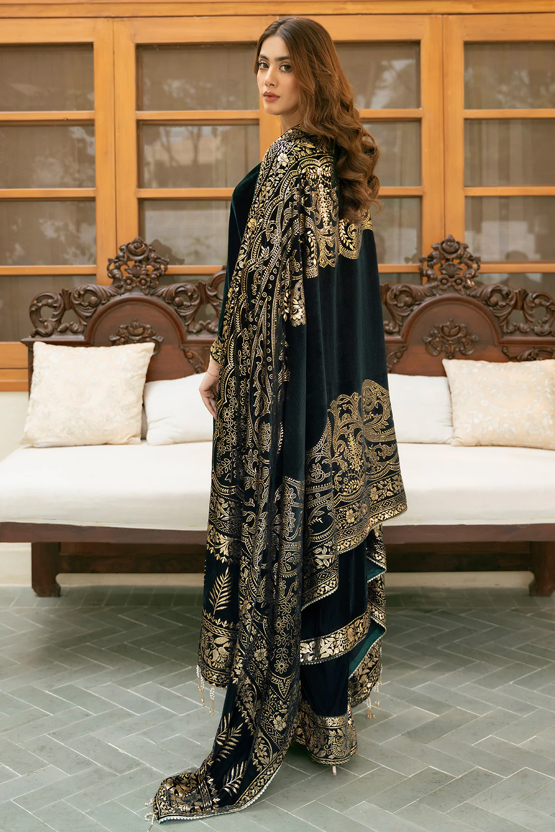 3 Piece - Foil Print Premium Velvet Suit V1013 - Image 5