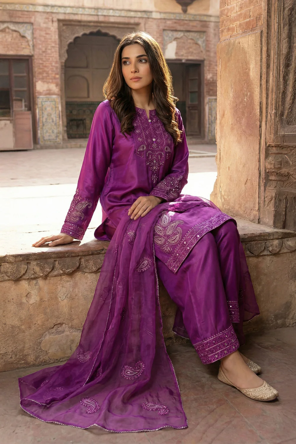 3 Piece - Premium Pure Silk Embroidered Suit LFP1148 - Image 3