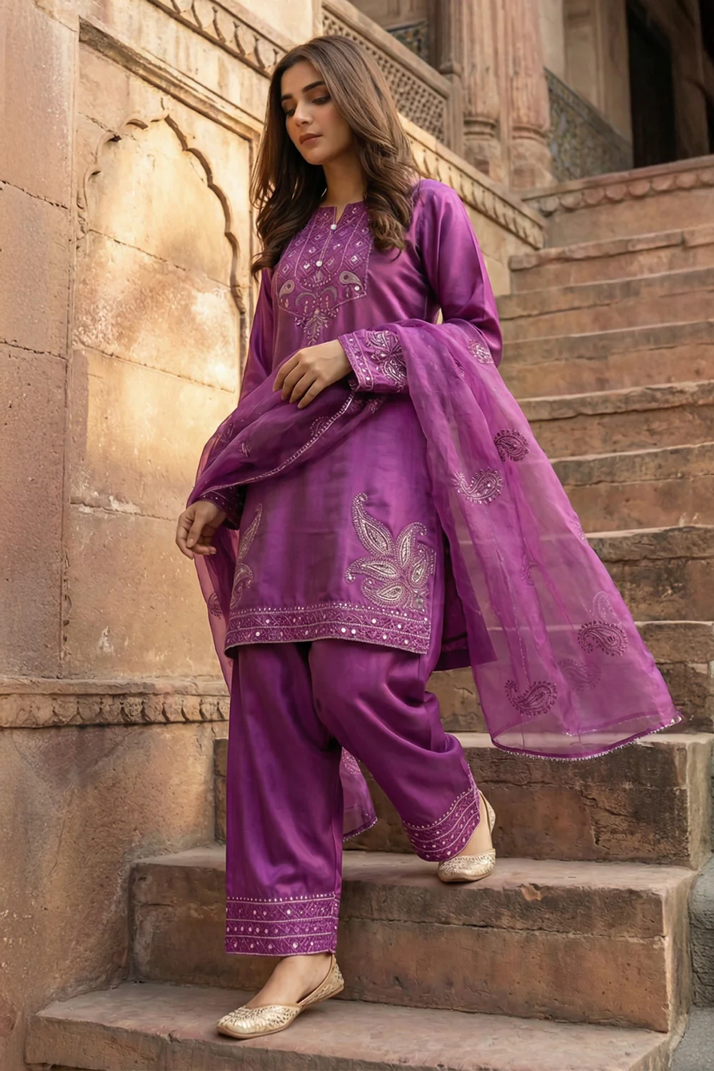 3 Piece - Premium Pure Silk Embroidered Suit LFP1148 - Image 4