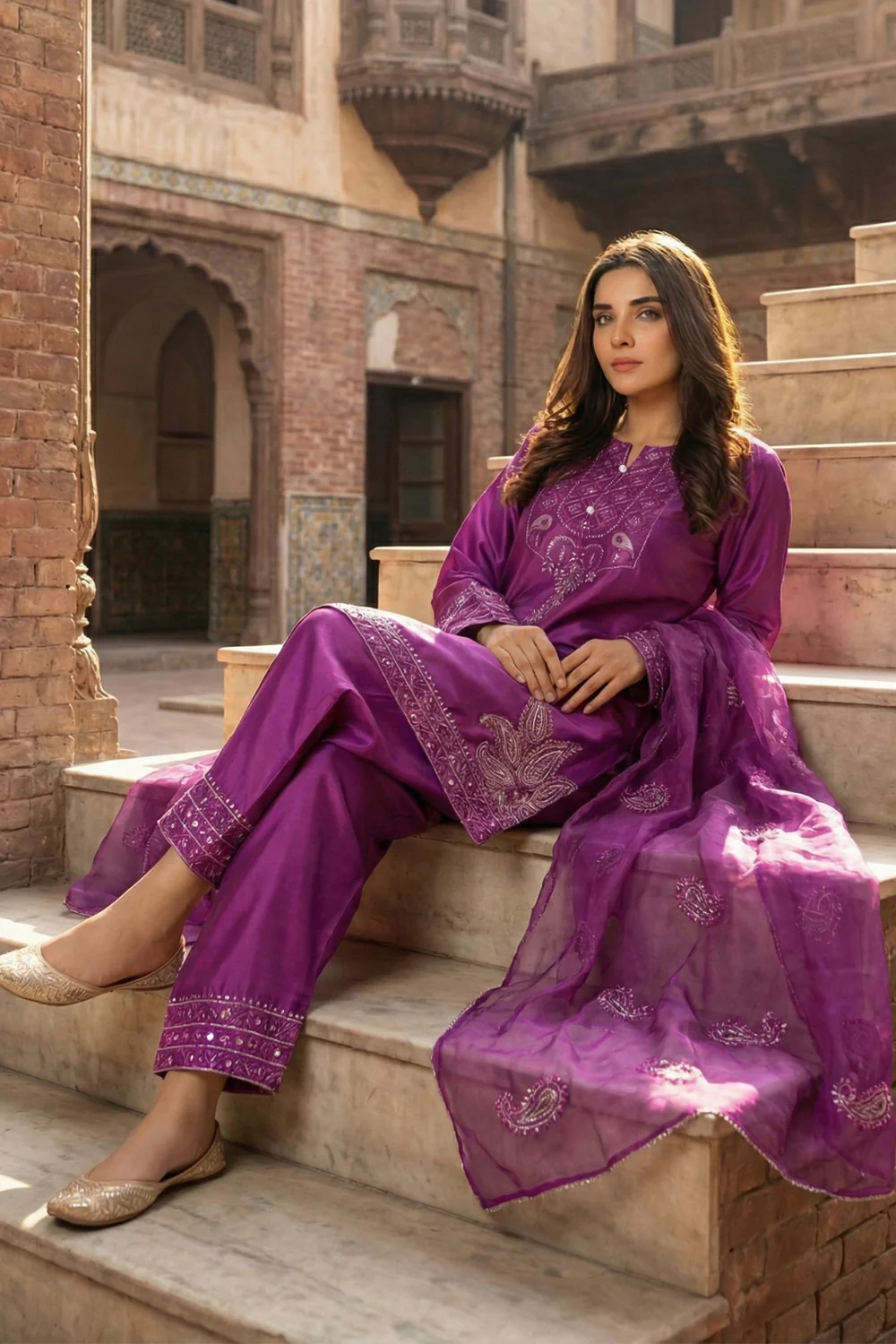 3 Piece - Premium Pure Silk Embroidered Suit LFP1148 - Image 5