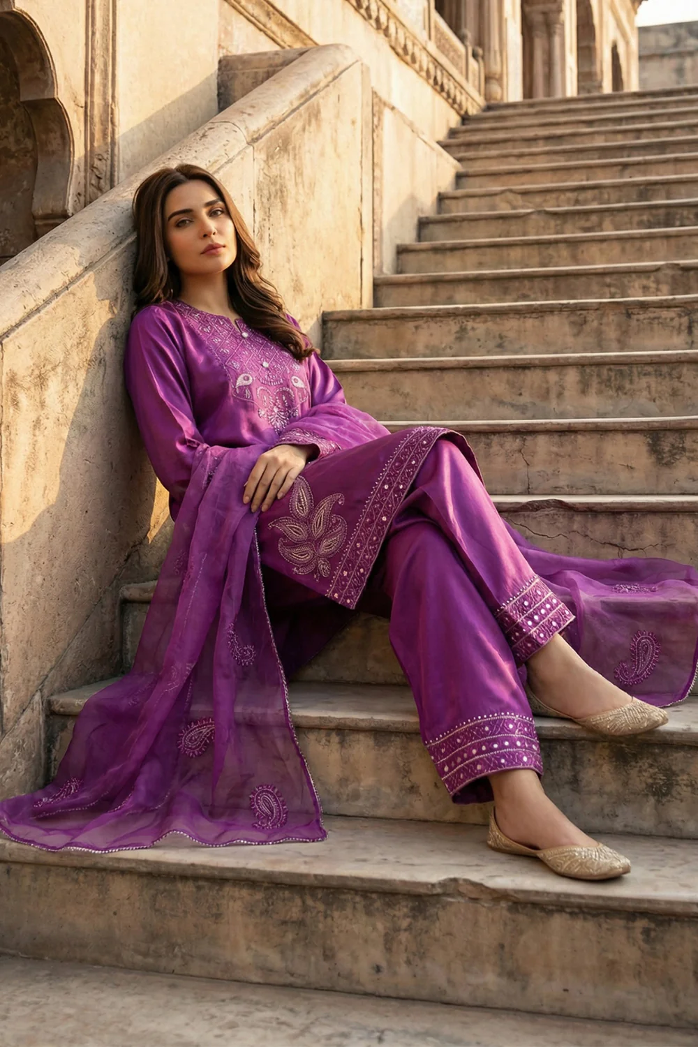 3 Piece - Premium Pure Silk Embroidered Suit LFP1148 - Image 6